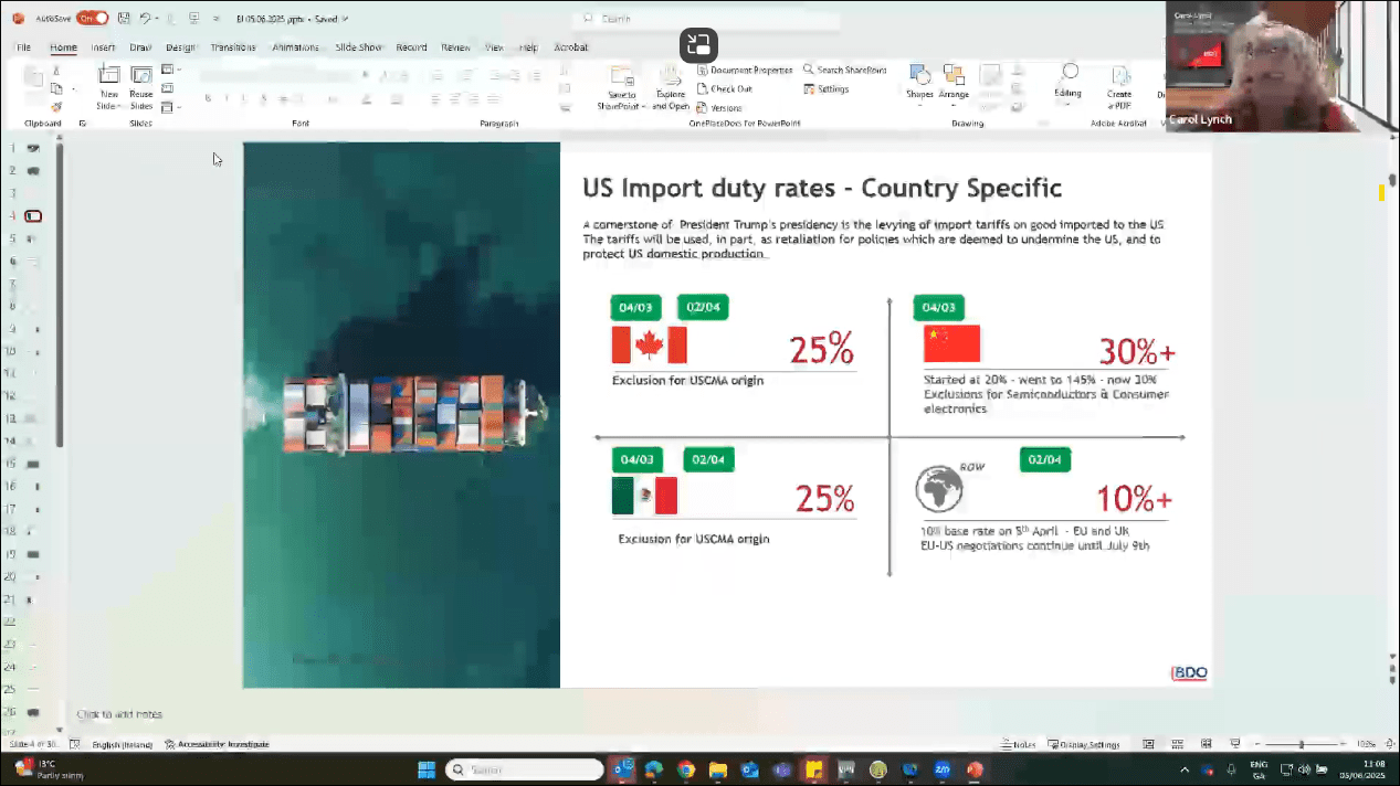 A screenshot from the Trade and Tariff Webinar Series - Implications for the Irish Food and Beverage Sector